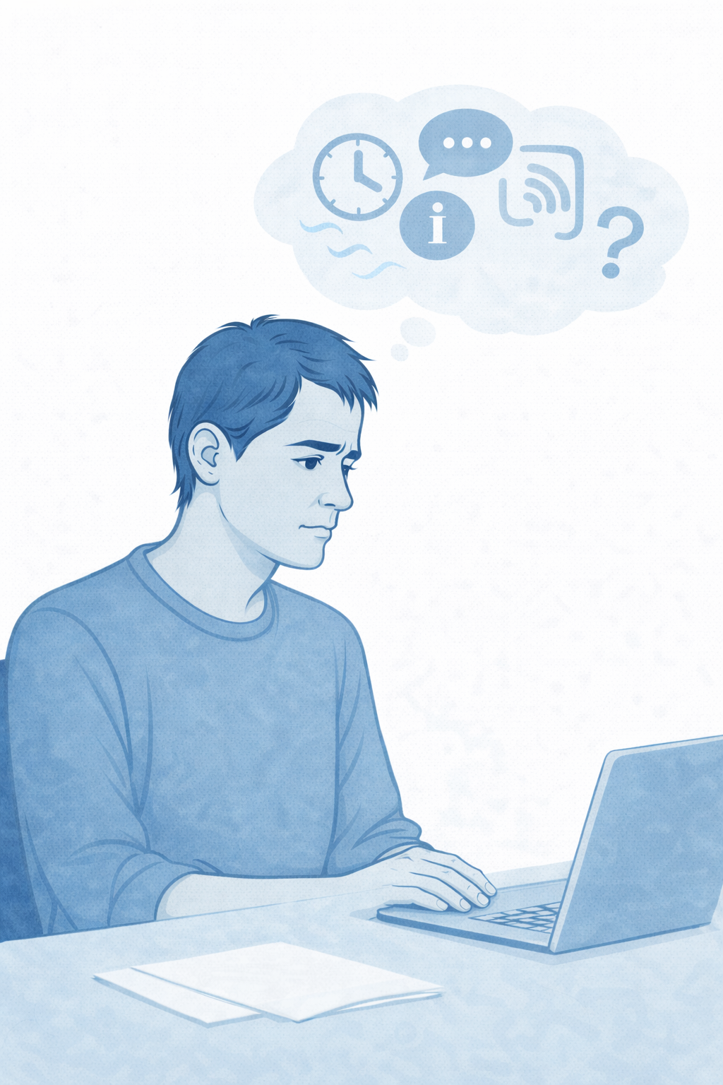 Mann mit Hörbehinderung arbeitet am Laptop & braucht Unterstützung beim Alltag