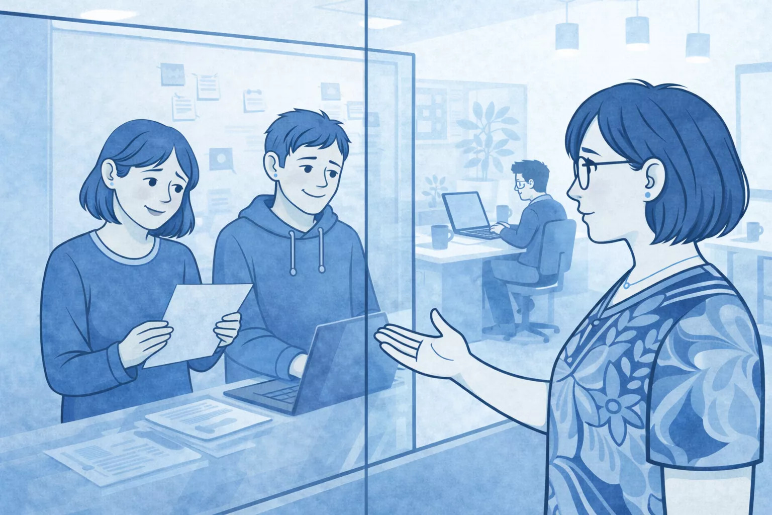 Personen hinter einer Glasscheibe